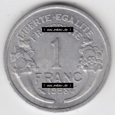 Münze Frankreich Umlaufmünzen Sammlung in PNG 1941-1959, 1 Francs, Franken 1958 (1) - Digitales Münzen-Bildmaterial einer französischen Francs Münze aus Frankreich... Sammlung