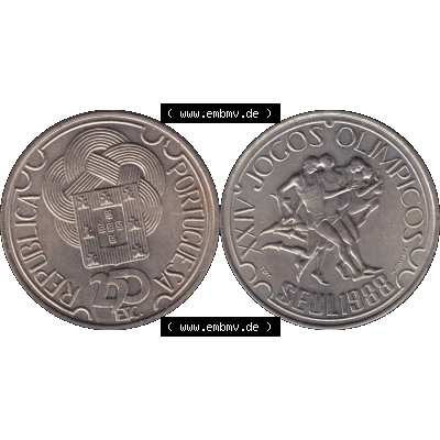 Alte Gedenkmünze aus Portugal als PNG-Grafik 1988, 250 Escudos, XXIV Jogos Olimpicos Seul 1988, Olympiade. Vorderseite und Rückseite auf einen Bild/Foto der portugiesischen... Sammlung