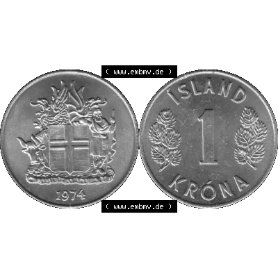 Alte Münze Island Umlaufmünze 1957-1975, 1 KR, Eine Krone 1974-01 Graustufen. Vorderseite und Rückseite der Münze / Kursmünze aus Island, vertikal... Sammlung