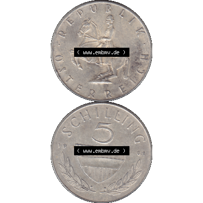 Alte Münze 5 / Fünf Schilling Österreich in original Farbgebung von Scanner transparenten PNG 1960-1968, 5 Fünf Schilling 1961-02, 5,20 Gramm 640er Silber,... Sammlung
