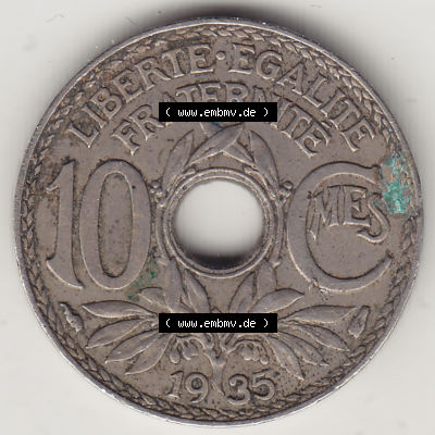 Münze Frankreich Umlaufmünzen Sammlung in PNG 1917-1938, 10 Centimes - Cmes 1935-3 (2) - Digitales Münzen-Bildmaterial einer französischen Francs Münze aus Frankreich... Sammlung