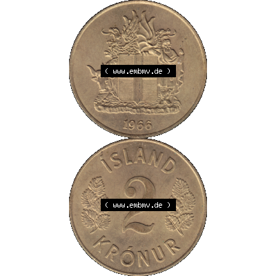 Alte Münze Island Umlaufmünze 1958-1966, 2 KR Kronur, Kronen 1966-01. Vorderseite und Rückseite der Münze, Umlaufmünze / Kursmünze Island vertikal... Sammlung