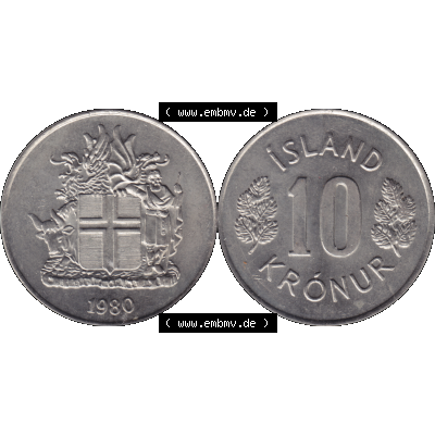 Alte Münze Island Umlaufmünze 1967-1980, 10 Kronur, Kronen 1980-01. Vorderseite und Rückseite der Münze aus Island horizontal auf einen digitalen Bild der alten isländischen... Sammlung