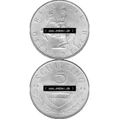 Alte Münze 5 / Fünf Schilling Österreich in s/w Schwarzweiß bzw. Graustufen Farbgebung von Scanner transparenten PNG 1960-1968, 5 Fünf Schilling 1968-01,... Sammlung