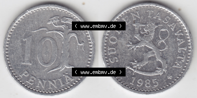 Münze Finnland / SUOMI Umlaufmünzen Sammlung in PNG 1983-1990, 10 Penniä 1985 (3) - Digital Münzen-Bildmaterial einer Münze... Sammlung