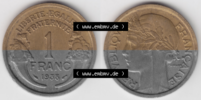 Münze Frankreich Umlaufmünzen Sammlung in PNG 1931-1941, 1 Francs, Franken 1938 (3) - Digitales Münzen-Bildmaterial einer französischen... Sammlung