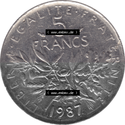 Münze Frankreich Umlaufmünzen Sammlung in PNG 1970-2001, 5 Francs Liberte Egalite Fraternite 1987 (Stück 1) (5) - Digitales... Sammlung
