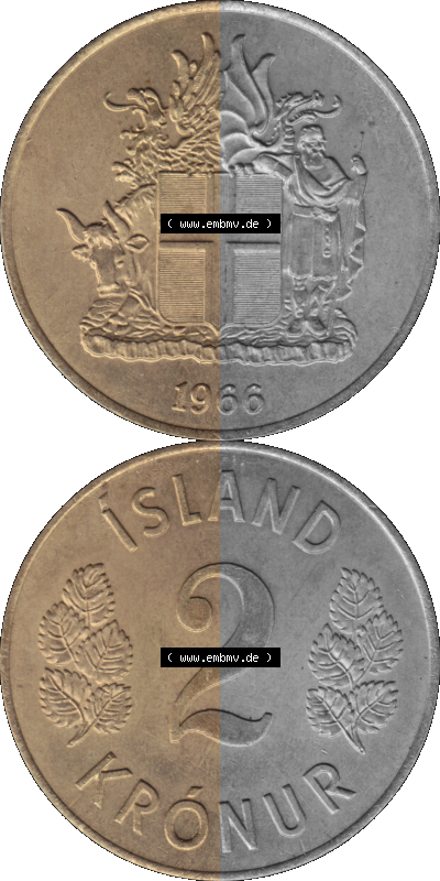 Island Umlaufmünze 1958-1966, 2 KR Kronur, Kronen 1966 Sammlung