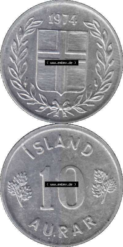Island Umlaufmünze 1970-1974, 10 Aurar 1974 Sammlung