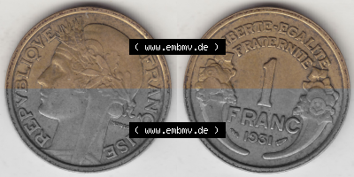 Münze Frankreich Umlaufmünzen Sammlung in PNG 1931-1941, 1 Franken, 1 Franc, 1931 (Stück 1) LIBERTE EGALITE FRATERNITE (3)... Sammlung