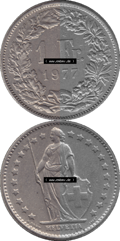 Alte Münze Schweiz in original Farbgebung vom Scanner transparenten PNG 1968-1982, 1 Franken B 1977 (Stück 1) (16) Sammlung