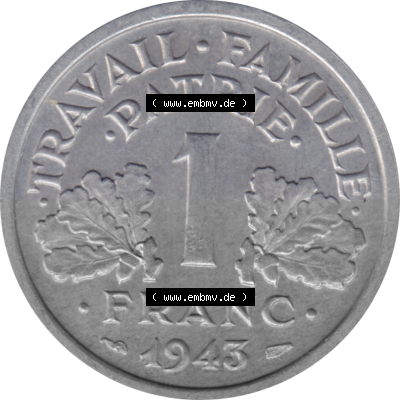 Münze Frankreich Umlaufmünzen Sammlung in PNG 1942-1944, 1 Franc, Franken 1943 (Stück 1) (5) - Digitales Münzen-Bildmaterial... Sammlung