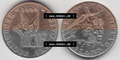 Münze Frankreich Umlaufmünzen Sammlung in PNG 1988-1988, 10 Francs Roland Garros (3) - Digitales Münzen-Bildmaterial einer... Sammlung