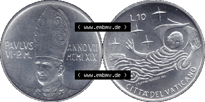Alte Münze aus der Vatikanstadt / Vatikan als PNG-Grafik 1969-1969, 10 Zehn Lire, mit Engel-Darstellung Papst Paul VI. 1969 Sammlung
