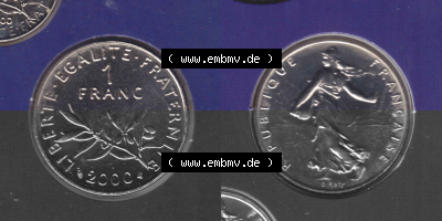 Münze Frankreich aus KMS Umlaufmünzen Sammlung in PNG 2000, 1 Francs (3) - Digitales Münzen-Bildmaterial einer französischen... Sammlung
