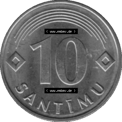 Lettland Umlaufmünze 1992-2008, 10 Santimu 1992 (Stück 1), VS Staatswappen, RS. Wert-Zahl Graustufen Sammlung