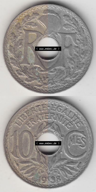 Münze Frankreich Umlaufmünzen Sammlung in PNG 1917-1938, 10 Centimes - Cmes 1938 (Stück 2) (4) - Digitales Münzen-Bildmaterial... Sammlung