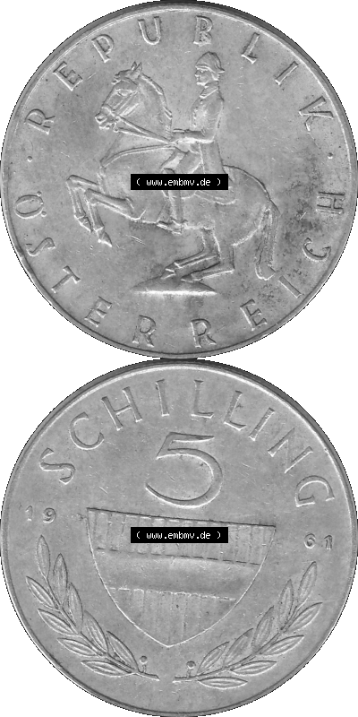 5 / Fünf Schilling Österreich in s/w Schwarzweiß bzw. Graustufen Farbgebung von Scanner transparenten PNG 1960-1968, 5 Fünf... Sammlung