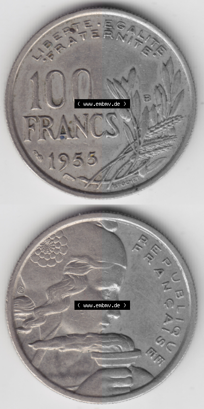 Münze Frankreich Umlaufmünzen Sammlung in PNG 1954-1958; 100 Francs, Franken Typ I. 1955 (4) - Digitales Münzen-Bildmaterial... Sammlung