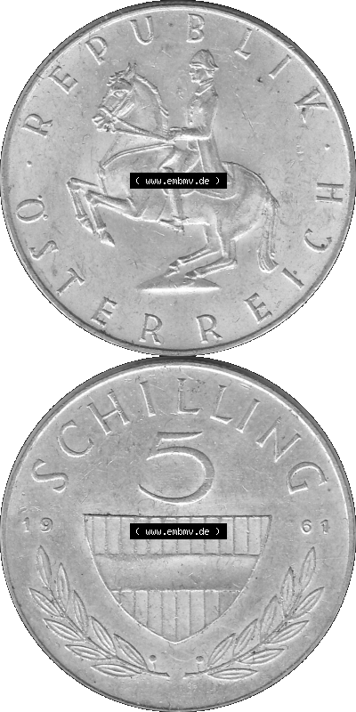 5 / Fünf Schilling Österreich in s/w Schwarzweiß bzw. Graustufen Farbgebung von Scanner transparenten PNG 1960-1968, 5 Fünf... Sammlung