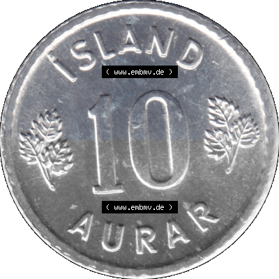 Alte Münze 'Island Umlaufmünze 1970-1974, 10 Aurar, Zehn Aura 1974 (Stück 1). Rückseite der alten Münze, Umlaufmünze aus... Sammlung
