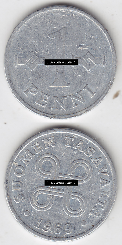 Münze Finnland / SUOMI Umlaufmünzen Sammlung in PNG 1969-1979, 1 Penni 1969 (4) - Digital Münzen-Bildmaterial einer Münze... Sammlung