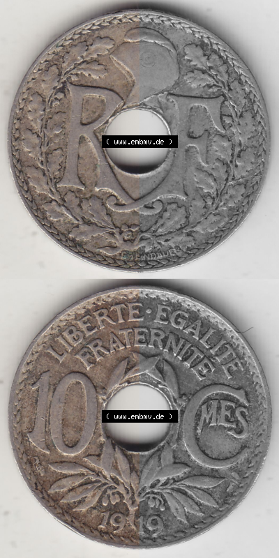 Münze Frankreich Umlaufmünzen Sammlung in PNG 1917-1938, 10 Centimes, 10 CMES EGALITÉ FRATERNITÉ LIBERTÉ 1919 (Stück 1)... Sammlung