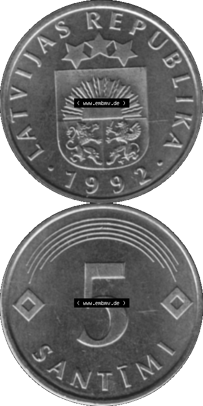 Lettland Umlaufmünze 1992-2009, 5 Santimi 1992 (Stück 1), VS Staatswappen, RS. Wert-Zahl Graustufen Sammlung