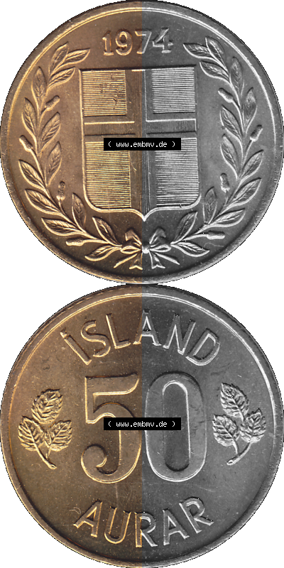 Island Umlaufmünze 1969-1974, 50 Aurar 1974 (Stück 1), 50 Isländische Aurar Sammlung