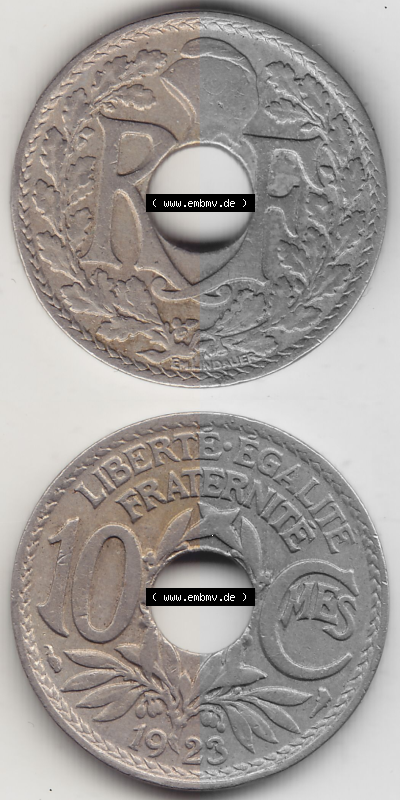 Münze Frankreich Umlaufmünzen Sammlung in PNG 1917-1938, 10 Centimes - Cmes 1923 (4) - Digitales Münzen-Bildmaterial einer... Sammlung