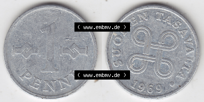 Münze Finnland / SUOMI Umlaufmünzen Sammlung in PNG 1969-1979, 1 Penni (3) - Digital Münzen-Bildmaterial einer Münze aus Finnland... Sammlung
