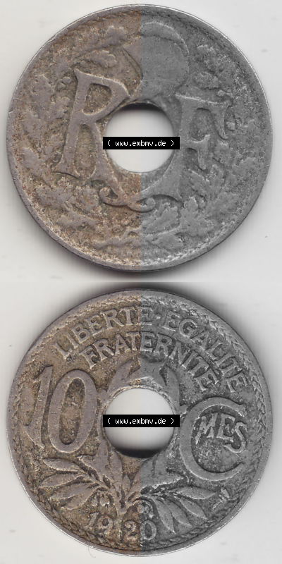 Münze Frankreich Umlaufmünzen Sammlung in PNG 1917-1938, 10 Centimes - Cmes 1920 (Stück 2) (4) - Digitales Münzen-Bildmaterial... Sammlung