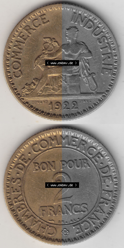 Münze Frankreich Umlaufmünzen Sammlung in PNG 1920-1927, 2 Francs - Franken 1922 (Stück 1) (4) - Digitales Münzen-Bildmaterial... Sammlung