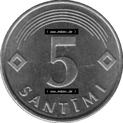 Lettland Umlaufmünze 1992-2009, 5 Santimi 1992 (Stück 1), VS Staatswappen, RS. Wert-Zahl Graustufen Sammlung