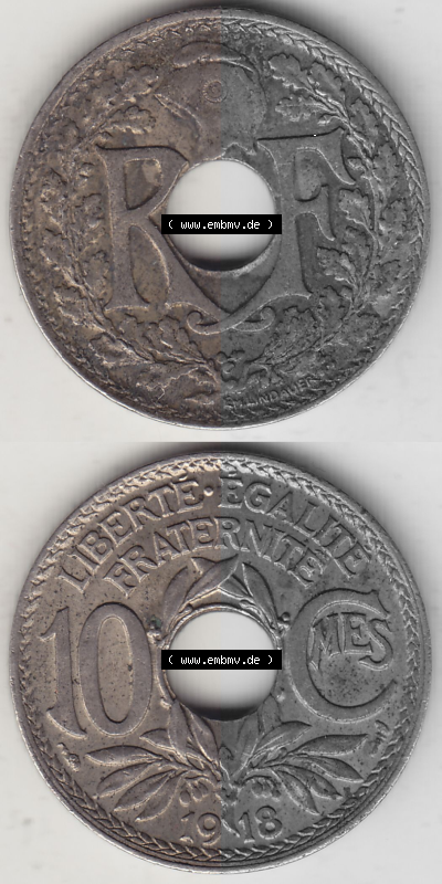 Münze Frankreich Umlaufmünzen Sammlung in PNG 1917-1938, 10 Centimes, 10 CMES EGALITÉ FRATERNITÉ LIBERTÉ 1918 (Stück 2)... Sammlung