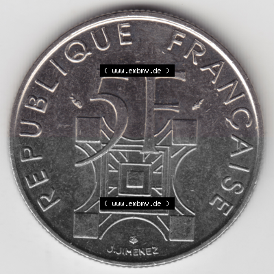 Münze Frankreich Umlaufmünzen Sammlung in PNG 1989-1989, 5 Francs Franken Eiffelturm (1) - Digitales Münzen-Bildmaterial einer... Sammlung