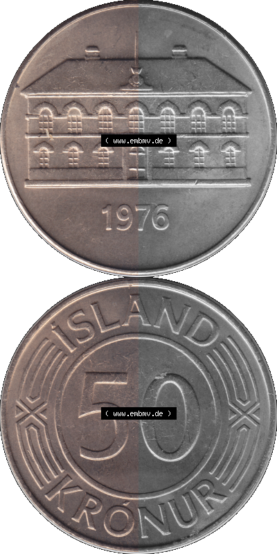 Alte Münze 'Island Umlaufmünze 1970-1980, 50 Krönur, Fünfzig Kronen 1976 (Stück 1). Vorderseite und Rückseite der Münze,... Sammlung