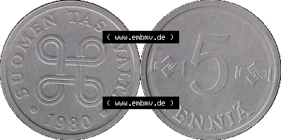 Alte Münzen KMS Finnland, Kursmünzensatz 1980 in Stempelglanz als digitales Computerbild in transparenten PNG 1977-1990, 5 Penny... Sammlung