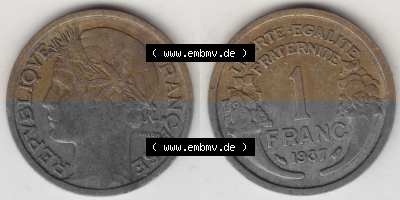 Münze Frankreich Umlaufmünzen Sammlung in PNG 1931-1941, 1 Franken, 1 Franc, 1937 (Stück 1) LIBERTE EGALITE FRATERNITE (3)... Sammlung