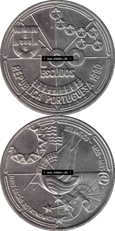 Alte Gedenkmünze aus Portugal als PNG-Grafik 1990, 100 Escudos, Atlantido 1455-1485, Astronomica Sammlung