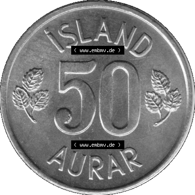 Island Umlaufmünze 1969-1974, 50 Aurar, Fünfzig Aura 1974 (Stück 1) Graustufen Sammlung