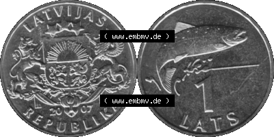 Lettland Umlaufmünze 1992-2008, 1 Lats 2007 (Stück 1), Atlatischer Lachs Graustufen Sammlung