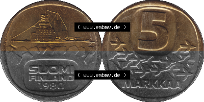 Alte Münzen KMS Finnland, Kursmünzensatz 1980 in Stempelglanz als digitales Computerbild in transparenten PNG 1979-1993, 5 Markkaa... Sammlung