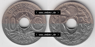 Münze Frankreich Umlaufmünzen Sammlung in PNG 1917-1938, 10 Centimes, Cent 1936 (3) - Digitales Münzen-Bildmaterial einer französischen... Sammlung