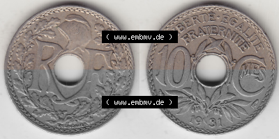Münze Frankreich Umlaufmünzen Sammlung in PNG 1917-1938, 10 Centimes, 10 CMES EGALITÉ FRATERNITÉ LIBERTÉ 1931 (Stück 2)... Sammlung