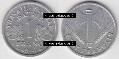 Münze Frankreich Umlaufmünzen Sammlung in PNG 1942-1944, 1 Franc, Franken 1943 (3) - Digitales Münzen-Bildmaterial einer französischen... Sammlung