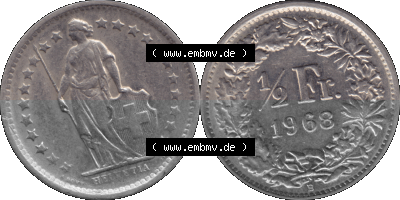 Schweiz in original Farbgebung vom Scanner transparenten PNG 1968-1982, 1/2 (halber) Franken B 1968 (Stück 2) Sammlung