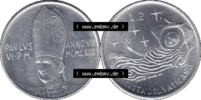 Alte Münze aus der Vatikanstadt / Vatikan als PNG-Grafik 1969-1969, 2 Zwei Lire, mit Engel-Darstellung Papst Paul VI. 1969 Sammlung