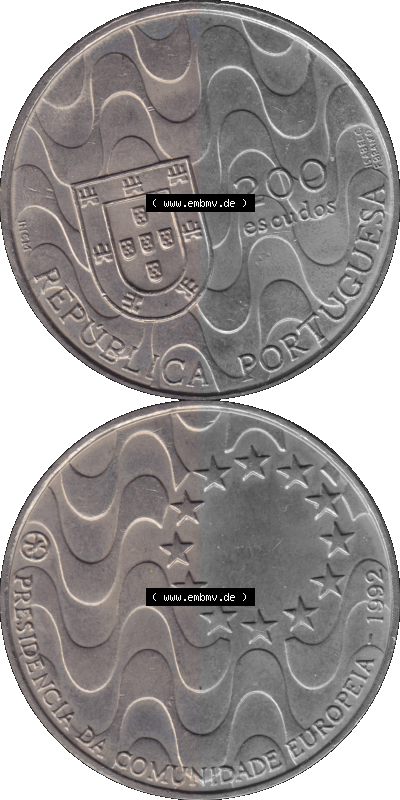 Alte Gedenkmünze aus Portugal als PNG-Grafik 1992, 200 Escudos, Presidencia da Comunidade Europeia Sammlung