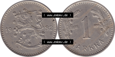 Münze Finnland / SUOMI Umlaufmünzen Sammlung in PNG 1928-1940, 1 finnische Mark, Markka 1932 (7) - Digital Münzen-Bildmaterial... Sammlung